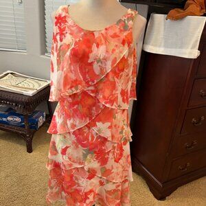 Orange floating dress with flowers By S L Fashions with matching jacket